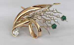 14 karaat Geel goud - Broche - 1.11 ct Diamanten - Smaragden kopen? Bied vanaf 900!