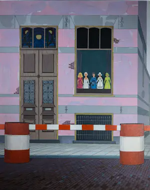 Kees Balvers - Acryl op doek, Vijf poppen voor een raam - Ingelijst kopen? Bied vanaf 100!