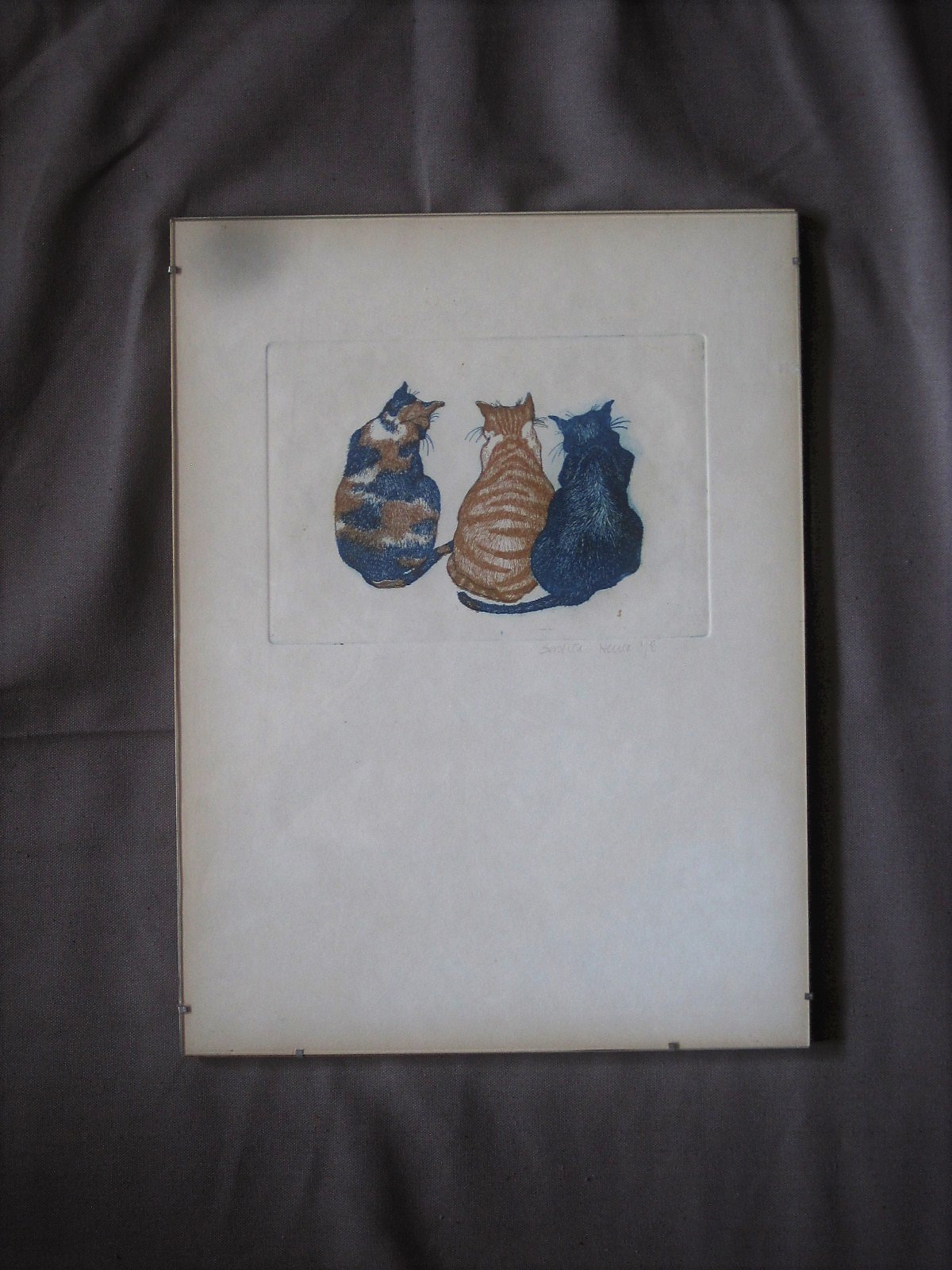 Saskia Heuer - leuke ingekleurde ets "drie poezen" gesigneerd kopen? Bied vanaf 1!