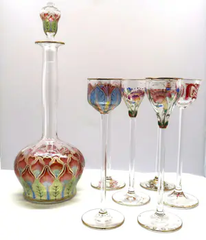 Theresienthal Crystal Factory - Glazen Jugendstil karaf met 6 likeurglaasjes kopen? Bied vanaf 1000!