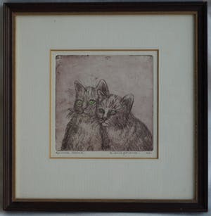 Ronnie Meerts - Ingelijste ets, “Dubbelportret”, 2 Poezen kopen? Bied vanaf 1!