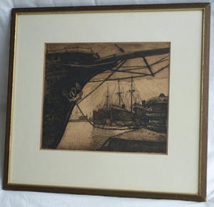 Ton Meyer - Ets, Havengezicht – Enkhuizen? - gesigneerd & ingelijst - 1923 kopen? Bied vanaf 10!