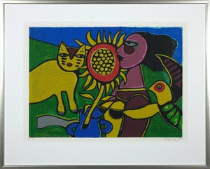 Corneille - Zeefdruk, Chat, tournesol et oiseau - Ingelijst kopen? Bied vanaf 250!