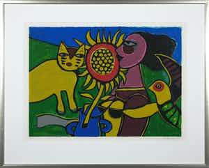 Corneille - Zeefdruk, Chat, tournesol et oiseau - Ingelijst verkocht voor € 250!