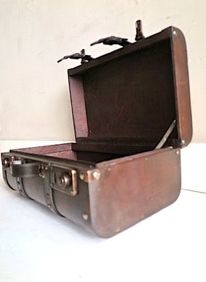 Curiosa - Vijf retro Koffertjes - Hout, Leer, Skai Messing beslag - PRIJS VERLAAGD kopen? Bied vanaf 89!