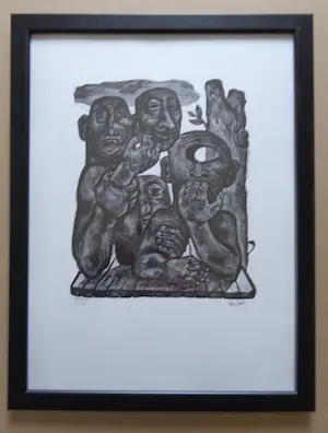 Lou Strik - DE VISITIE / ZW-W LINOSNEDE / 43x33cm / KADER / SIG kopen? Bied vanaf 25!