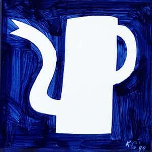 Klaas Gubbels - geschilderde kan op keramische tegel - 1994 - uniek werk. verkocht voor € 185!