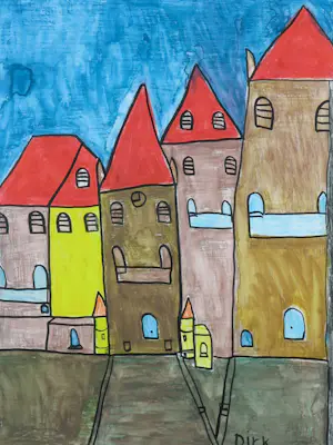 Dirk Kooren - Acryl en stift op papier, Stadsgezicht - Ingelijst kopen? Bied vanaf 1!