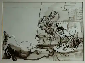 Luis Filcer - Ingelijste inkttekening , Atelier met model en kunstenaars verkocht voor € 45!