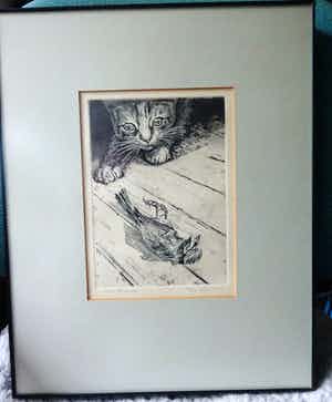 Wim Heemels - gesigneerde ets : Kat en dode mus verkocht voor € 45!