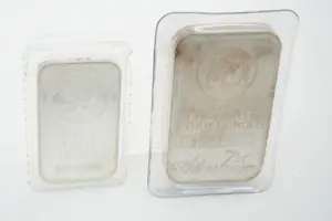 75 - Twee zilveren baartjes van Silver Towne en Sunshine Minting in Plastic kopen? Bied vanaf 260!