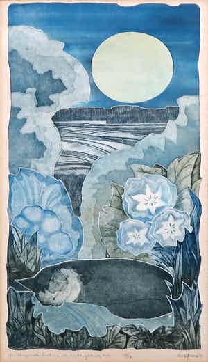 Ank Spronk - Ets, De Slapende Kat en de Ondergaande Zon - Ingelijst verkocht voor € 30!