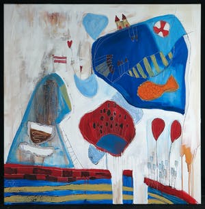 Geke uit de Bosch - Acryl en collage op doek, Traveling (Groot) kopen? Bied vanaf 100!