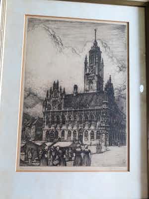 Louis Heijmans - Louis Heymans, Marktdag bij Stadhuis Middelburg, Ets verkocht voor € 40!