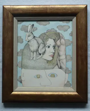 Henny van Diest - Ingelijst, Gemengde techniek, Vrouw met Konijn – Lijst, 39 x 34 cm - 1980 kopen? Bied vanaf 70!