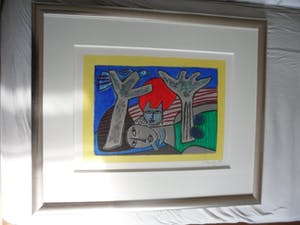 Corneille - Zeefdruk, Complicité entre la femme et l'oiseau - Ingelijst kopen? Bied vanaf 175!