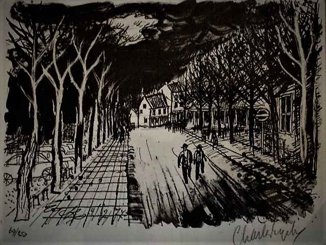 Charles Eyck - gesigneerde Houtsnede "Limburg dorpsstraat met personen bij avond" 1977 verkocht voor € 1!
