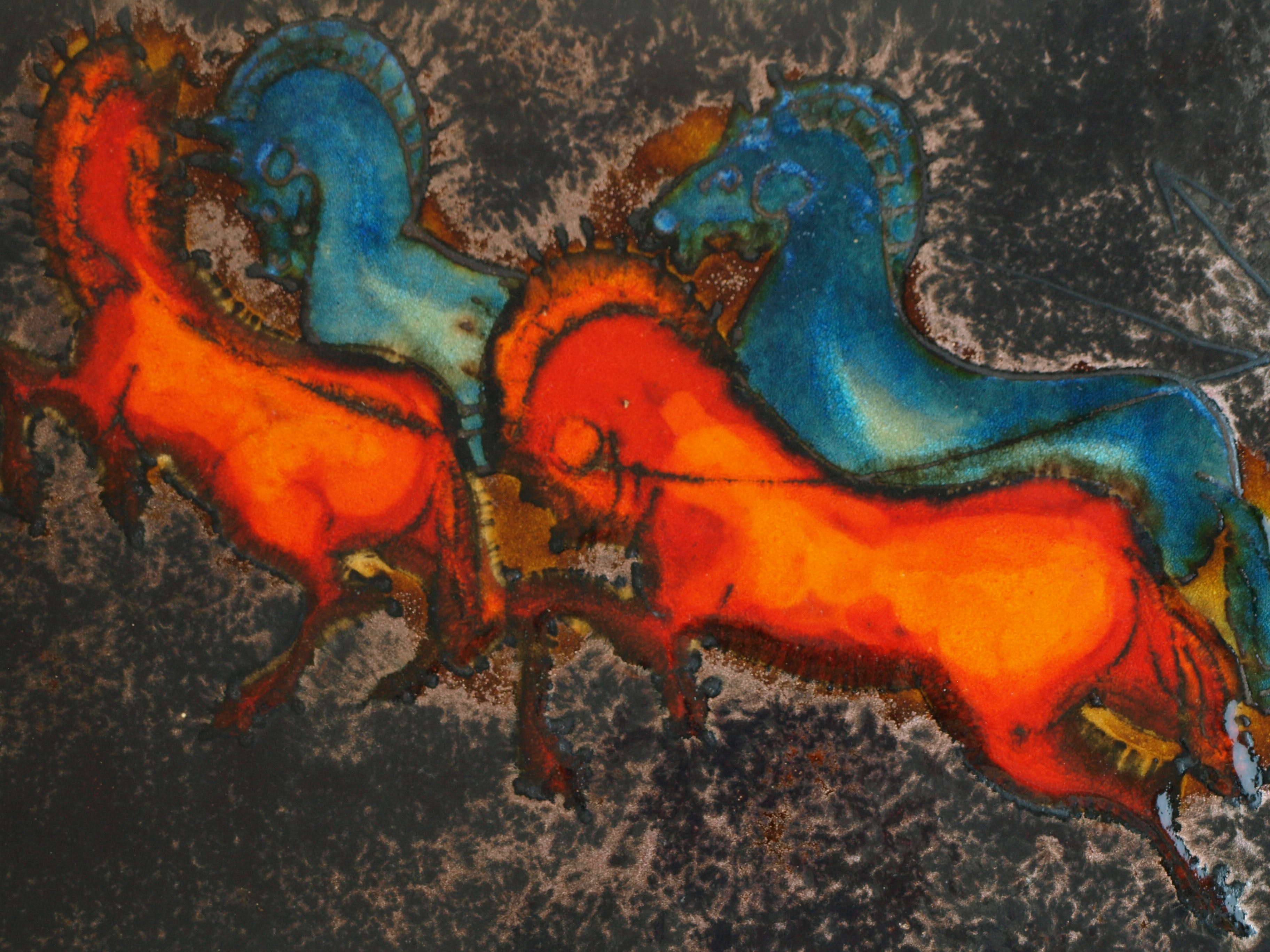 Ruscha - Keramiek, wandtegel – Paarden - gesigneerd 34,5 x 58,5 cm - ca 1970 kopen? Bied vanaf 1!