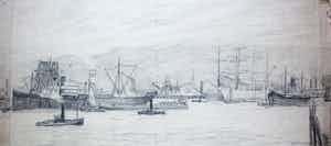 Eugene Rensburg - Grote potloodtekening: Gezicht op tweede Katendrechtse Haven - Rotterdam - 1914 verkocht voor € 99!