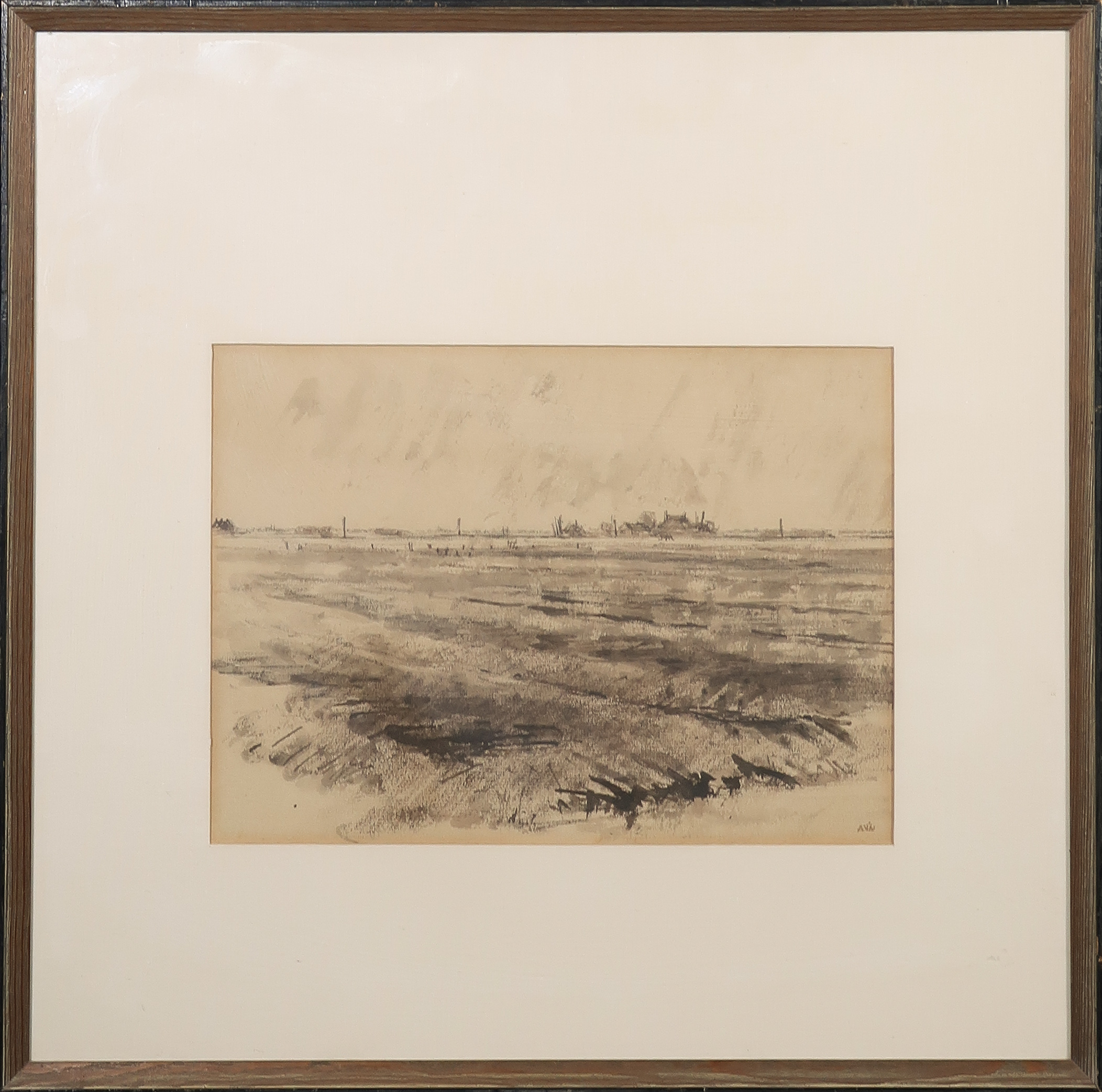Anton Voorzanger - Inkttekening, Landschap - Ingelijst verkocht voor € 35!