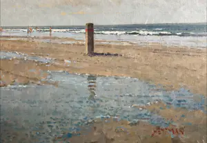 Willem Heytman - Zonnig strandtafreel met zeilbootjes kopen? Bied vanaf 750!