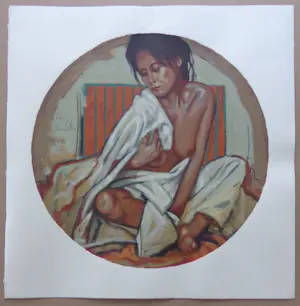 Nico Vrielink - HALFNAAKTE ZITTENDE VROUW / KLEURZEEFDRUK / 62x61cm / SIG kopen? Bied vanaf 45!