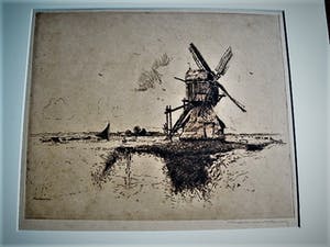 Martin van Waning - Mooie grote Droge Naald Ets - Landschap met molen Schiermonnikoog - gesigneerd kopen? Bied vanaf 39!