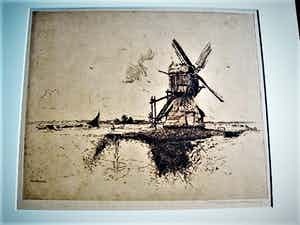 Martin van Waning - Mooie grote Droge Naald Ets - Landschap met molen Schiermonnikoog - gesigneerd verkocht voor € 39!