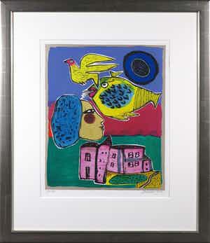 Corneille - Zeefdruk, Poisson jaune - Ingelijst verkocht voor € 150!