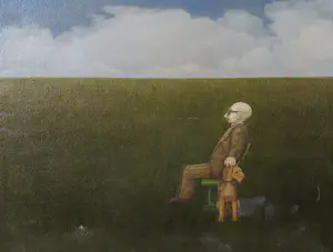 Jan Duinker - Olieverf op doek, Man op stoel met hond - Ingelijst kopen? Bied vanaf 1!