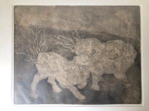 Paula Sluiter - Chinese Leeuwen - Ets/aquatint, Ingelijst kopen? Bied vanaf 75!