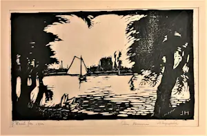 Johan Haak - Bijzondere houtsnede van Johan Haak op papier "zeilschip in landschap" kaufen? Bieten Sie von 30!