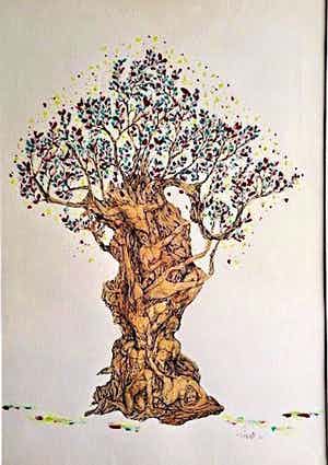 Niet of onleesbaar gesigneerd - Bloeiende Mensenboom (groot intrigerend werk) verkocht voor € 10!