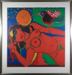 Corneille - Zeefdruk, Femme à l'oiseau - Ingelijst (Zeer groot) verkocht voor € 500!