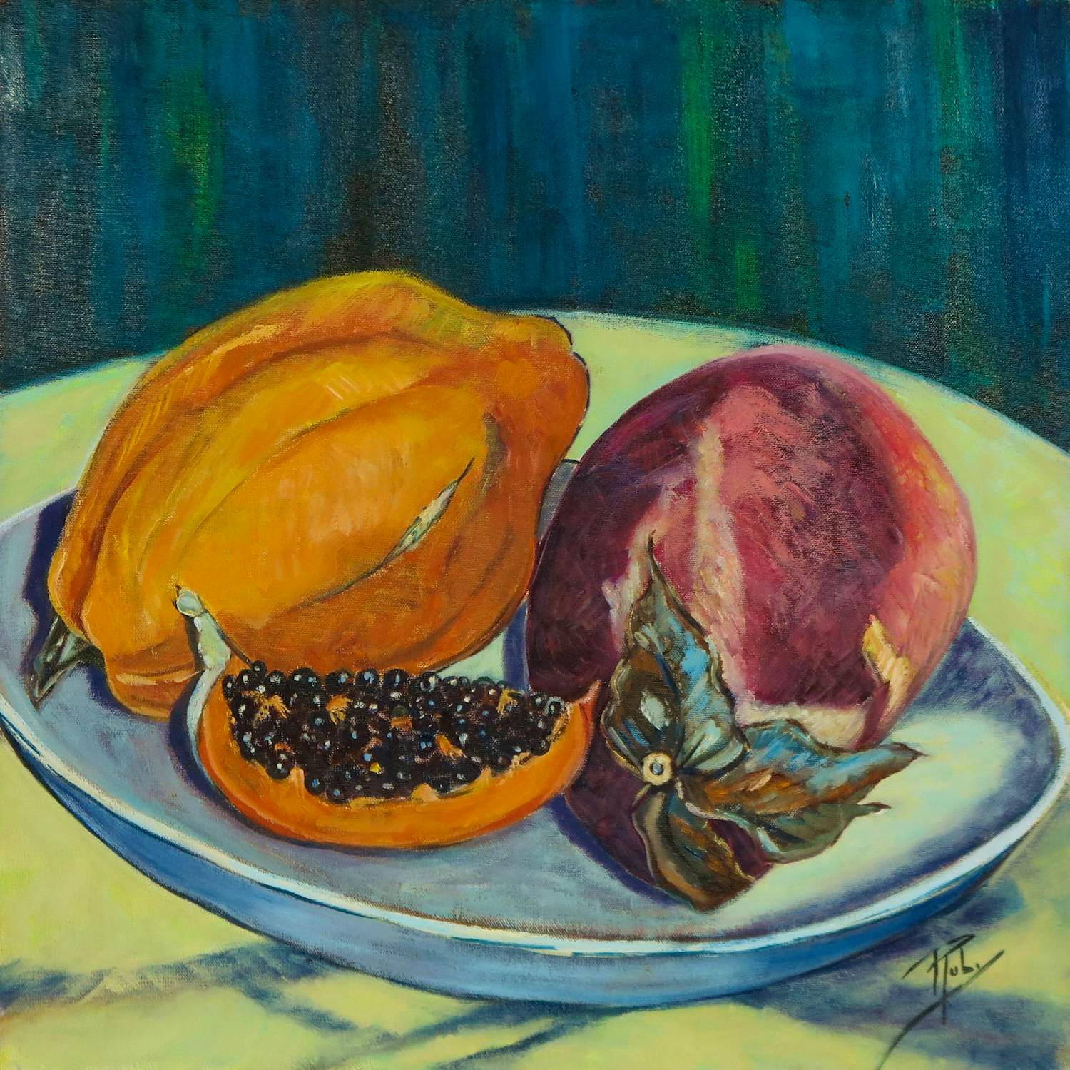 Ruby Bute - Olieverf op doek, Stilleven papaya verkocht voor € 100!