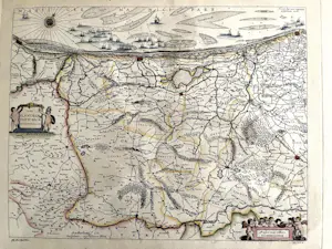 Joan Blaeu - Kaart van het westelijk deel van Vlaanderen - Handgekleurde gravure, Ingelijst kopen? Bied vanaf 50!