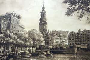 Cornelis Brandenburg - Amsterdams stadsgezicht met Singel,bloemenmarkt en Munttoren verkocht voor € 80!