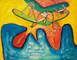 Hugh Weiss - Piloot in dubbeldekker boven fantasielandschap, olieverf op board (zeer groot!) kopen? Bied vanaf 550!