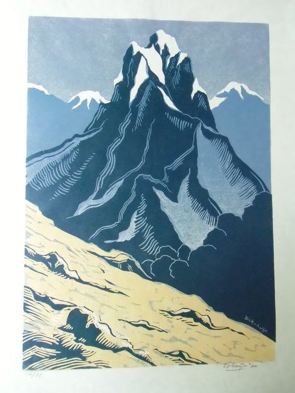 Dick van Luijn - BERGLANDSCHAP /// KLEURENLINOSNEDE VAN DICK VAN LUIJN kopen? Bied vanaf 1!