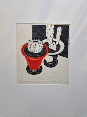 Jos van den Berg - Kubistische, omstreeks 1940 gemaakte handgekleurde houtsnede "cactus" kopen? Bied vanaf 38!