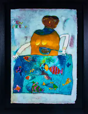 Shahid Parvez - Zeefdruk op geschept papier, New friends - ingelijst verkauft für € 170!