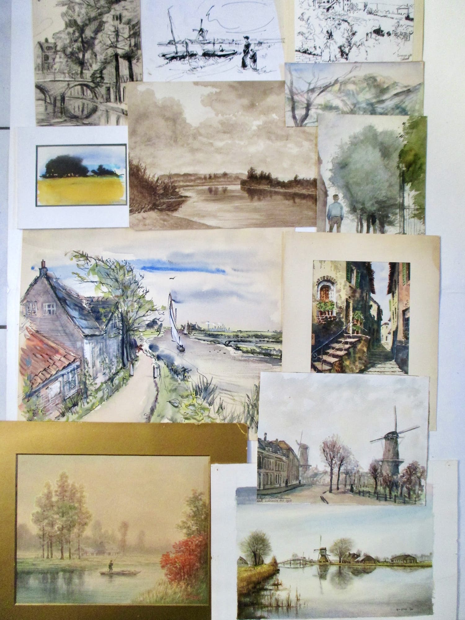 Niet of onleesbaar gesigneerd - 12 x Aquarel/Tekening div. Kunstenaars Landschap kopen? Bied vanaf 1!