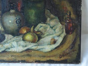 Niet of onleesbaar gesigneerd - Olieverf op doek, Stilleven met uien en flessen – gesigneerd kopen? Bied vanaf 10!