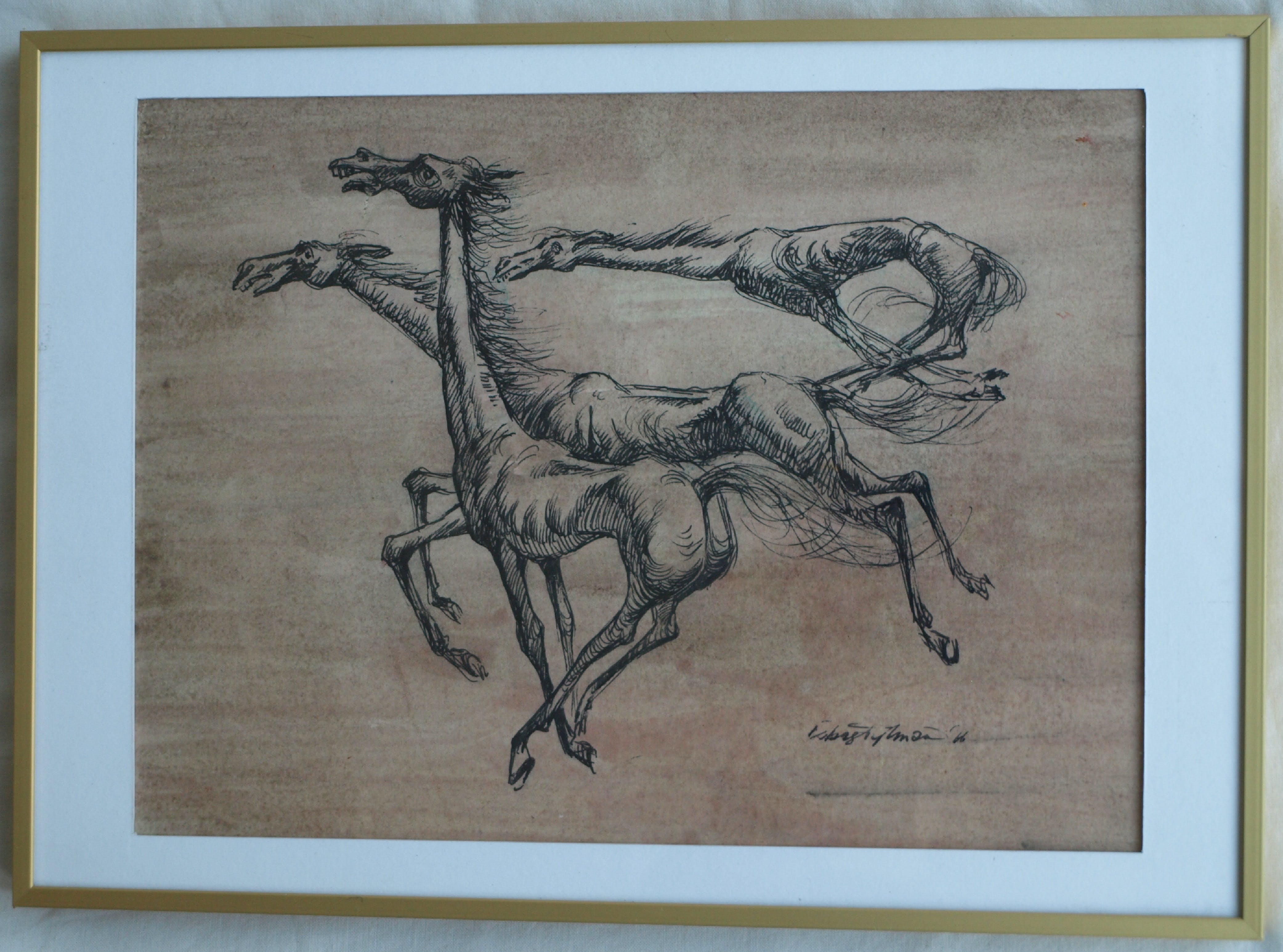 Klaas Pijlman - Pentekening , 3 Paarden – gesigneerd & ingelijst – 1966 kopen? Bied vanaf 35!