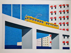 Marinus Fuit - Grote, in 2000 in kleine oplage (50) gemaakte kleuren zeefdruk "tram op brug" kopen? Bied vanaf 65!