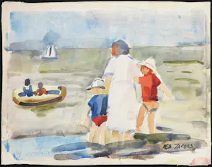 Ies Jacobs - Aquarel op papier, Moeder met kleintjes kopen? Bied vanaf 100!