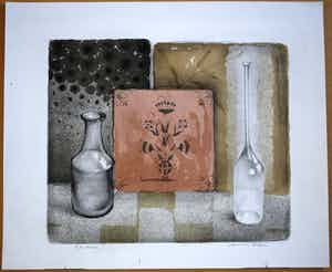 Hans van Dokkum - Stilleven van tegeltje en 2 lege flessen verkocht voor € 60!