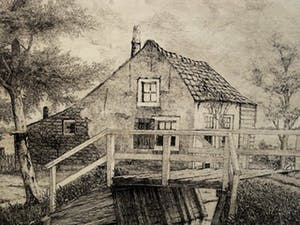 Jan Willem Lindeman - Knappe zg. Droge naald Ets van Huisje in Polderlandschap gesigneerd kopen? Bied vanaf 1!