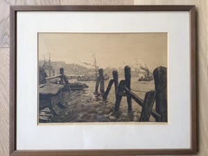 Jan Sirks - Havengezicht van Rotterdam met bedrijvigheid op het water. kopen? Bied vanaf 40!