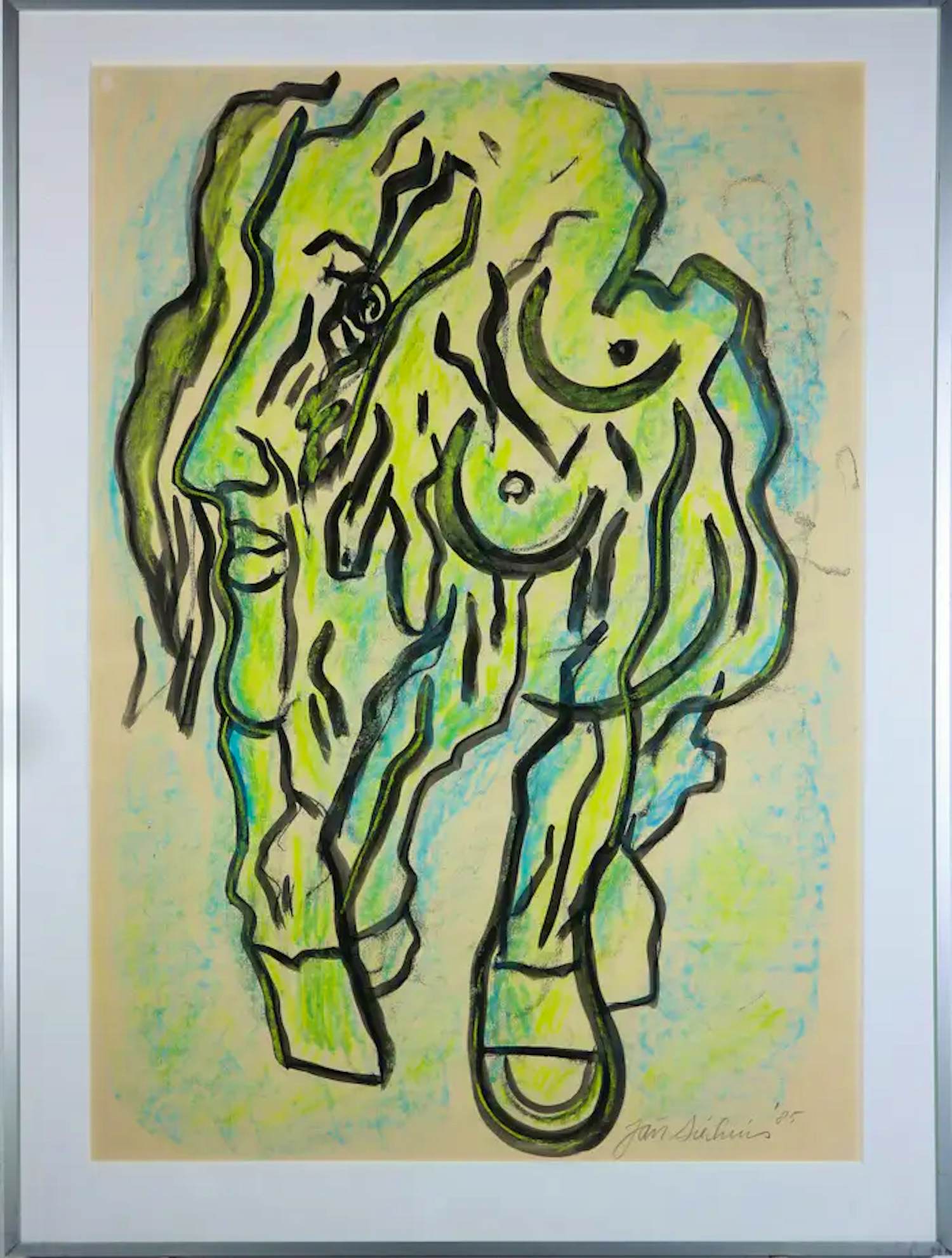 Jan Sierhuis - Aquarel en krijt - Vliegend hoofd - Ingelijst kopen? Bied vanaf 200!